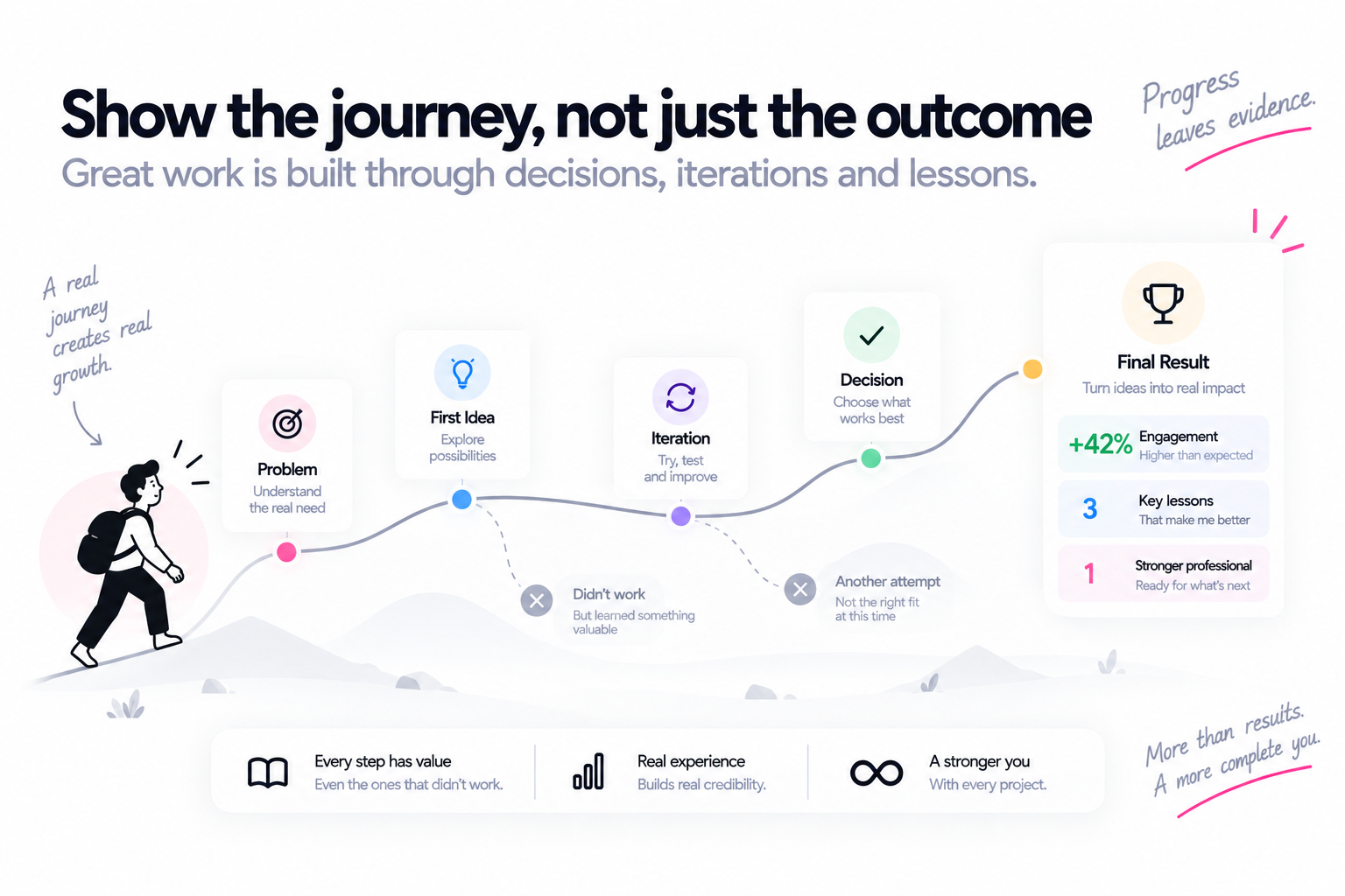 Professional work journey from problem and idea through iteration, decisions and measurable results.